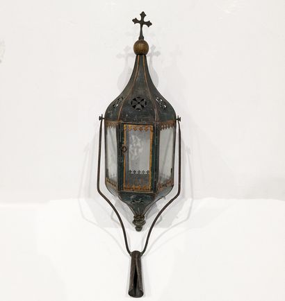 Hexagonal processional lantern in green painted...