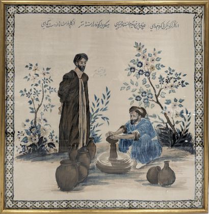 Deux peintures sur tissu figurant un potier...