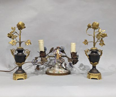 Gilded metal and porcelain two-light tabletop....