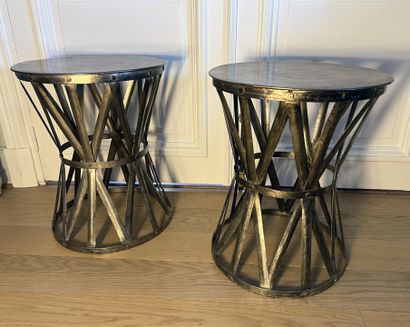 Pair of patinated metal sofa ends, round...