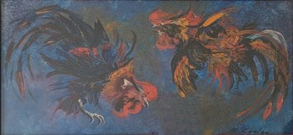 M. COULON*** : COMBAT DE COQS. Gouache, signée...