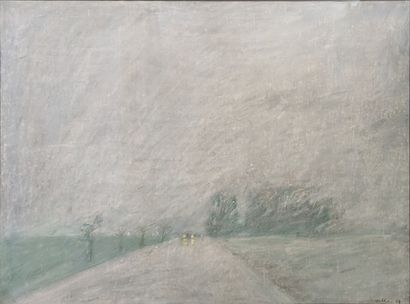HAFNNER*** : VOITURE DANS LA TEMPETE. Gouache,...