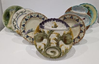 Set of seven asparagus plates in barbotine...