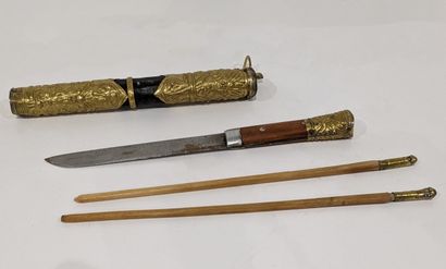 Leather and brass plate travel set with repoussé...