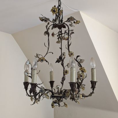 Six-arm patinated metal cage chandelier with...
