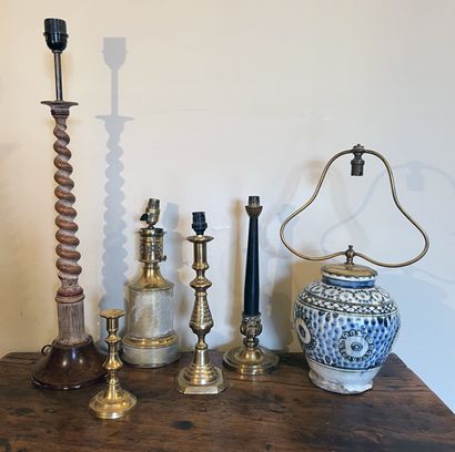 Set: lamp base in patinated and painted wood,...