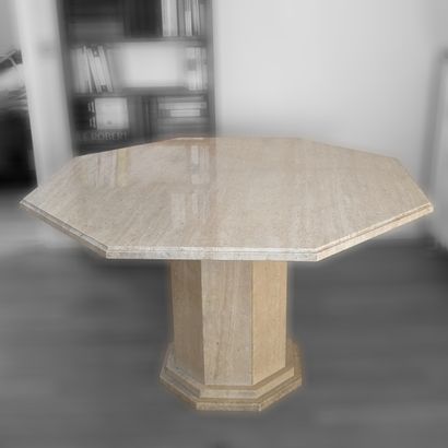 Travertine table, octagonal top and central...