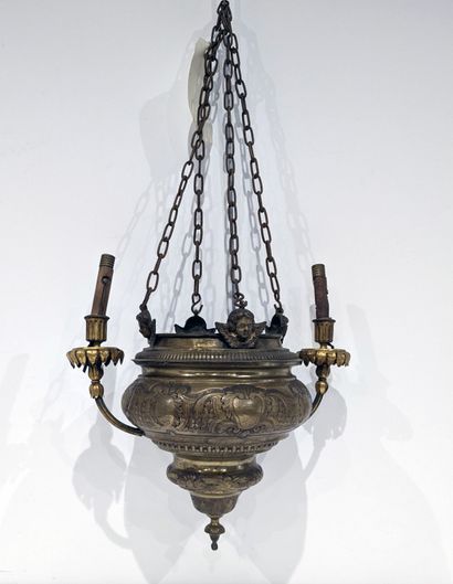 Brass church hanging lamp with two light...