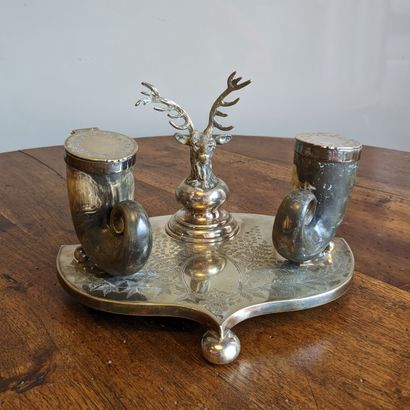 Desk inkwell in silver-plated metal, the...