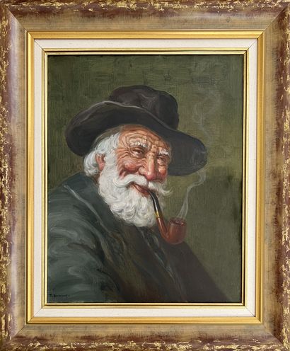 F. DOMINGO : HOMME FUMANT LA PIPE. Huile...