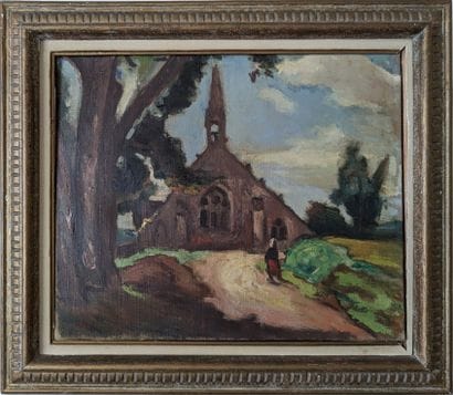 ORTIZ*** : PROMENEUSE DEVANT UNE EGLISE BRETONNE....