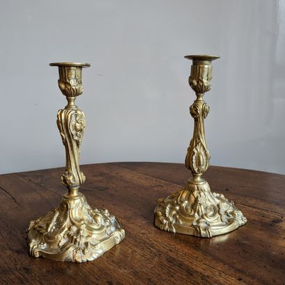 Pair of bronze torches decorated with insects,...