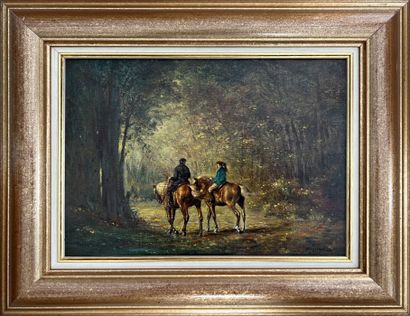 PIQUARD*** : COUPLE DE CAVALIERS EN FORET....