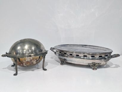 Silver-plated metal: oval warming dish, leafy...