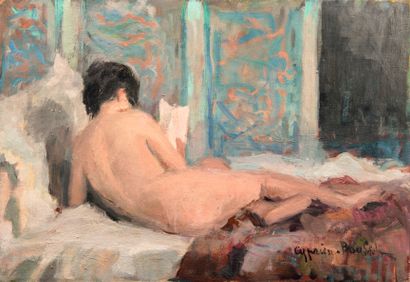 Cyprien BOULET (1877-1972) : NU ALLONGE LISANT....