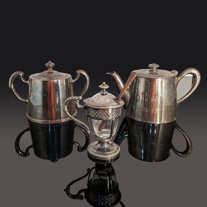 Silver-plated metal: teapot and sugar bowl,...
