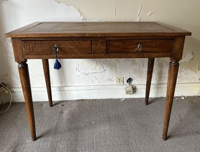 Small desk in fruitwood, top upholstered...