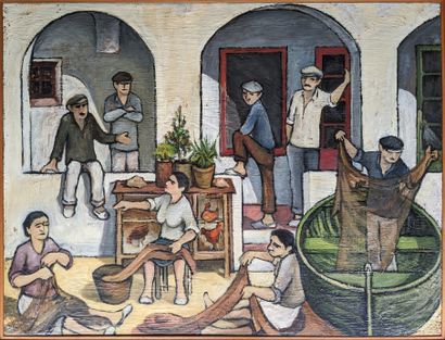 Jose PUIG (20th century) : PATIO WITH FISHERMEN...