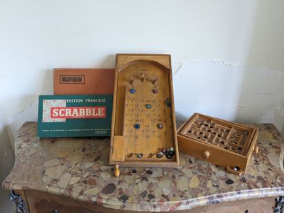Two antique marble games in natural wood....