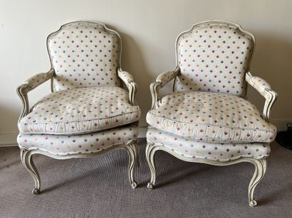 Pair of molded cream lacquered wood armchairs,...
