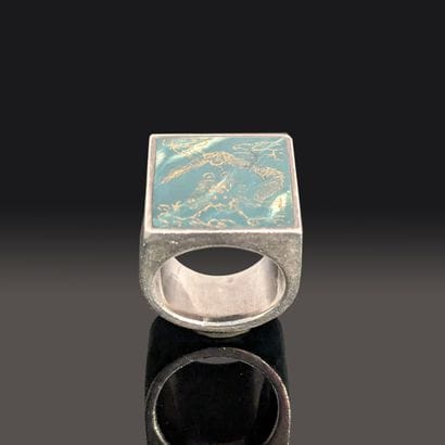 Signet ring in silver (800), with green marbled...