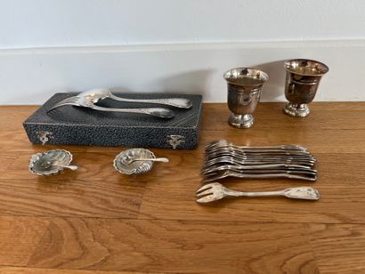 Silver-plated metal: a child's cutlery set...