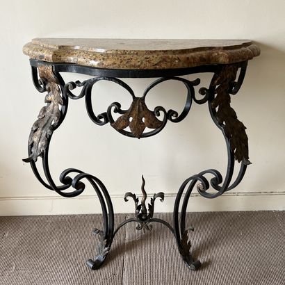 Small console table, wrought-iron base decorated...
