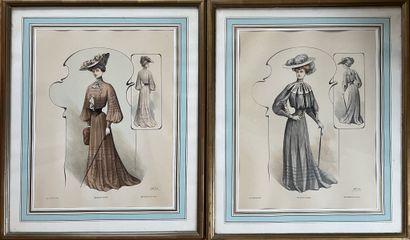 Suite of five fashion prints framed under...