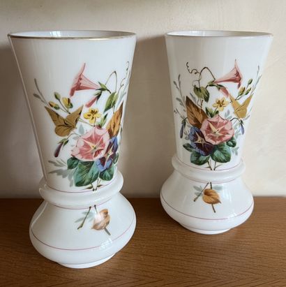 Pair of white opaline vases with enameled...