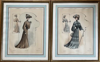 Suite of five fashion prints framed under...
