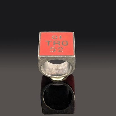 Coral-red enameled signet ring in sterling...