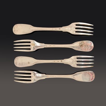Four entremet forks in silver (950), threaded...