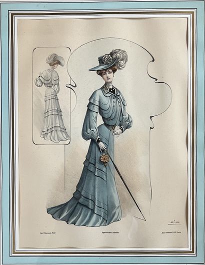 Suite of five fashion prints framed under...
