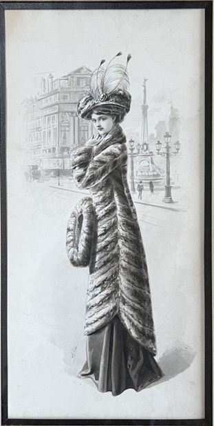 FRENCH SCHOOL circa 1900: ELEGANTE AU MANTEAU,...