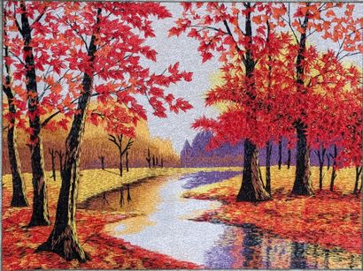 Autumn landscape - Temple by a pond. Two...