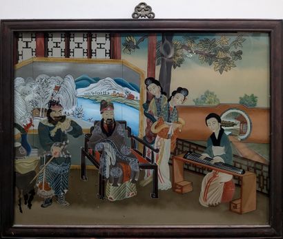 Two paintings mounted under glass depicting...