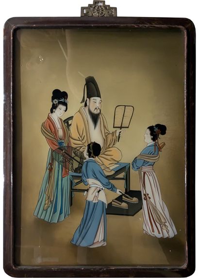 Two paintings mounted under glass depicting...