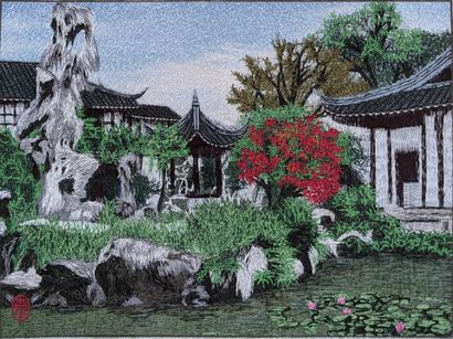 Autumn landscape - Temple by a pond. Two...