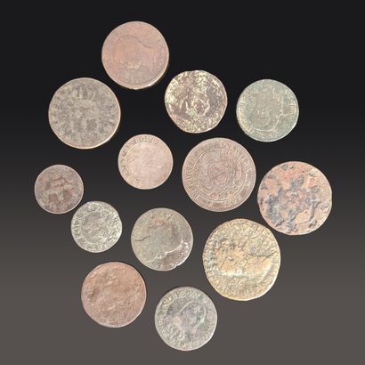 Set of antique copper or metal coins, including...