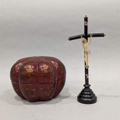 Lot: blackened wood and bone crucifix, red...