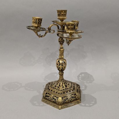 Gilt bronze three-light candelabra with hexagonal...