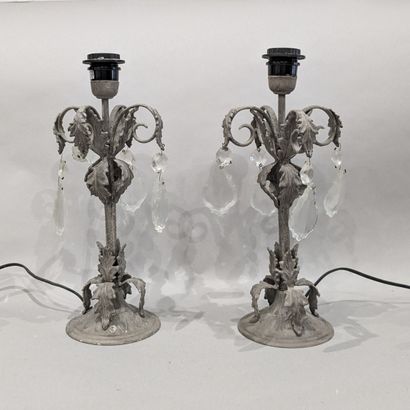 Pair of metal lamps with grey patina, decorated...
