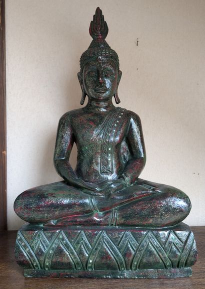 Seated Buddha in green and red painted wood...