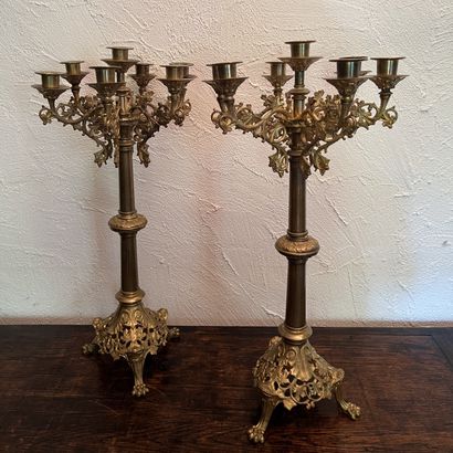Pair of gilt metal and brass torches with...