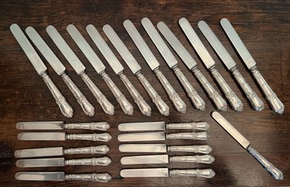 Twelve large and eleven cheese knives, handles...