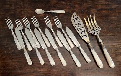 Suite of six fish cutlery sets with mother-of-pearl...