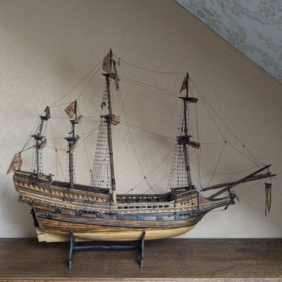 Model of a three-masted ship in wood, rope...