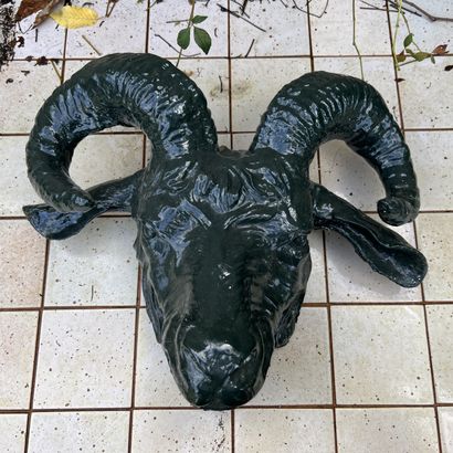 Decorative goat's head in green-painted metal....
