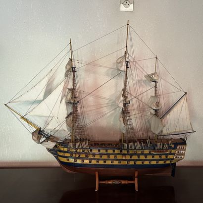 Model of a three-masted ship in wood, painted...