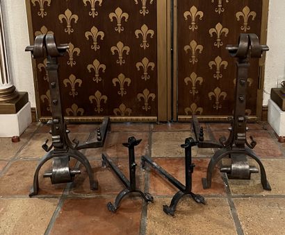 Pair of wrought iron landiers with scroll...